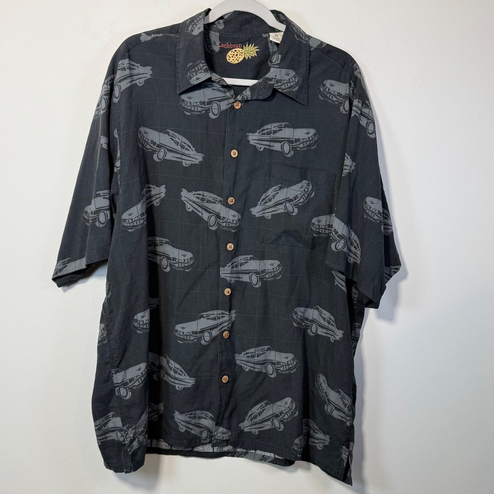 Caribbean Silk Button Down Men XLT Black Car Print Windowpane Tall Tropical Auto